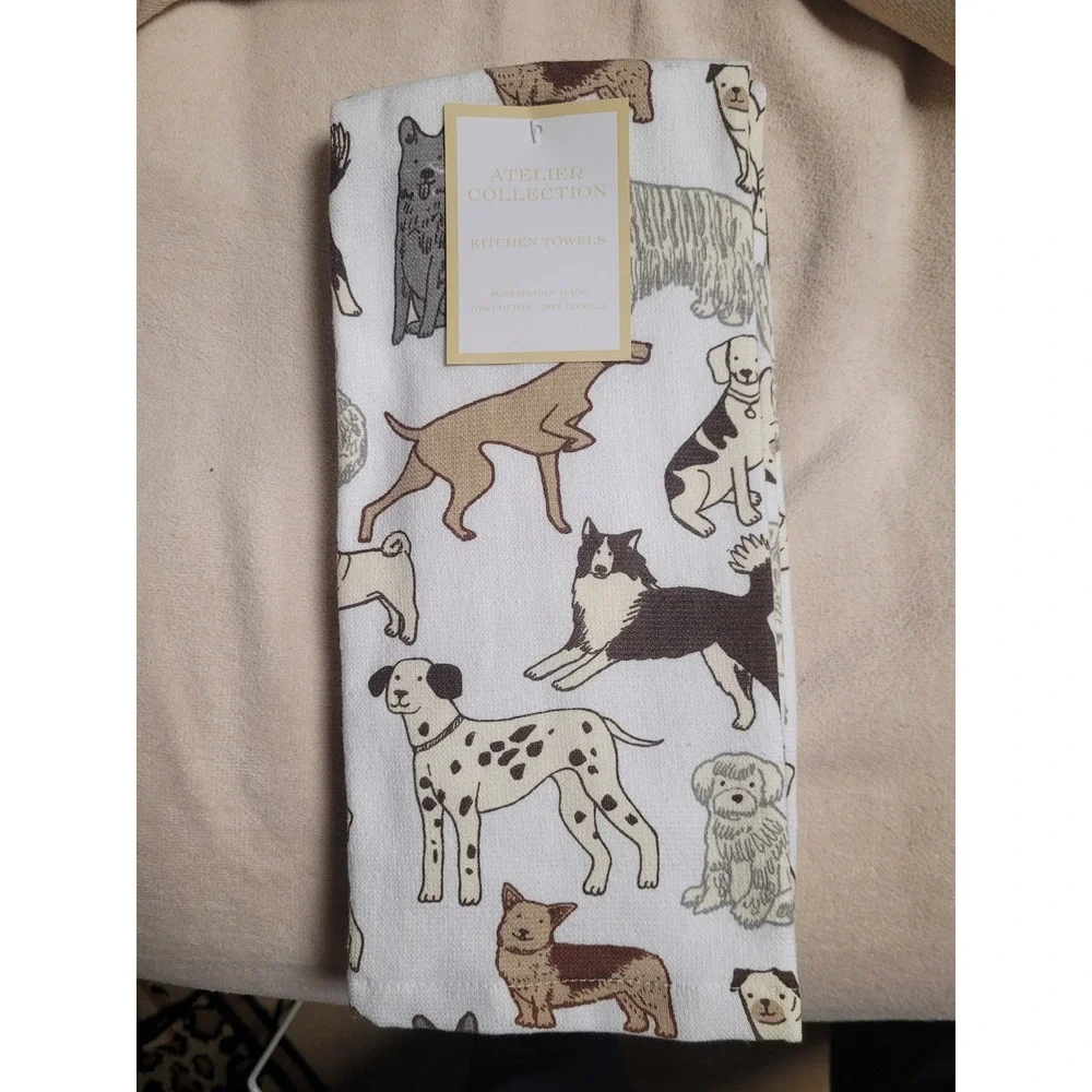 Atelier Collection Designer Doggie Motif Kitchen Towels Cotton Lyocell Set/2 NEW